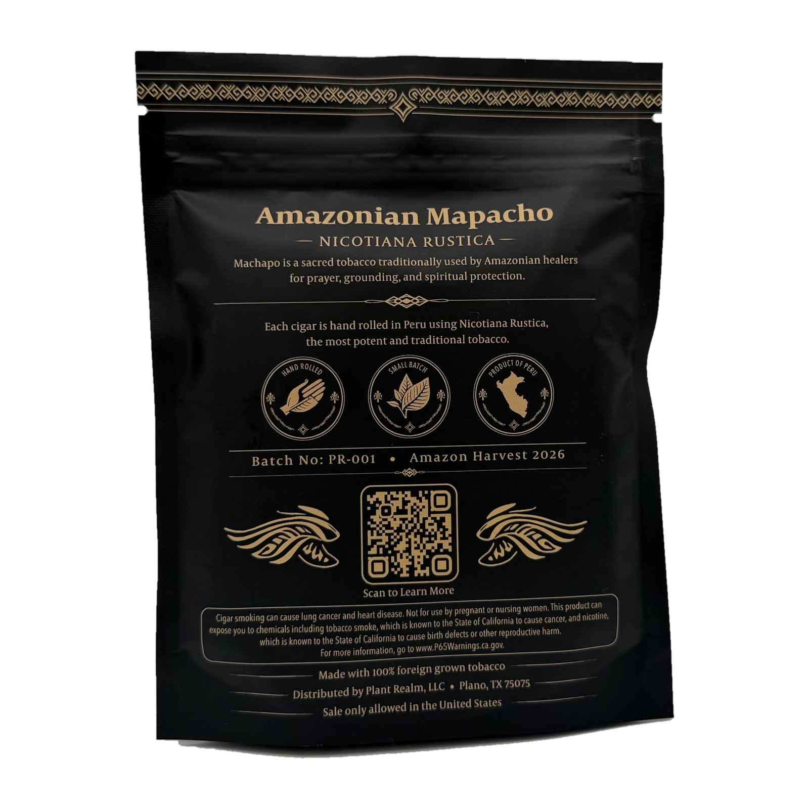 Plant Realm Mapacho pouch — back with batch and harvest details